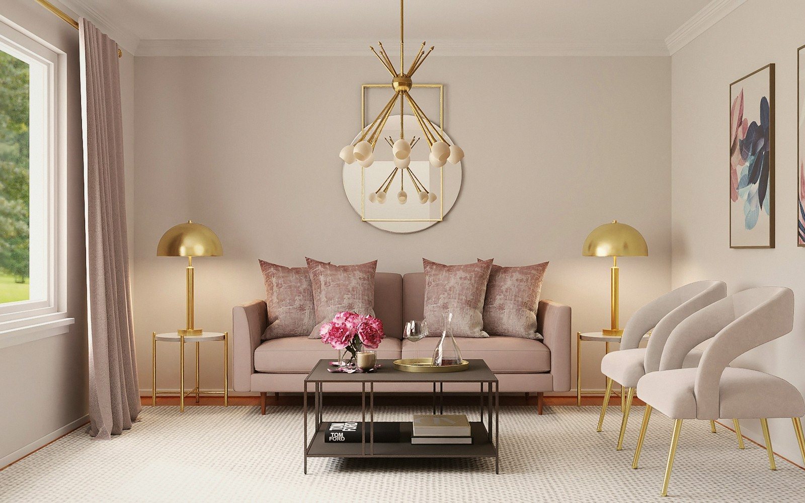 Pink velvet sofa and cream chairs surround a coffee table beneath a gold starburst chandelier